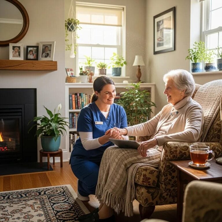 Caregiver assisting a senior woman in a cozy home setting, emphasizing companionship and home care services.