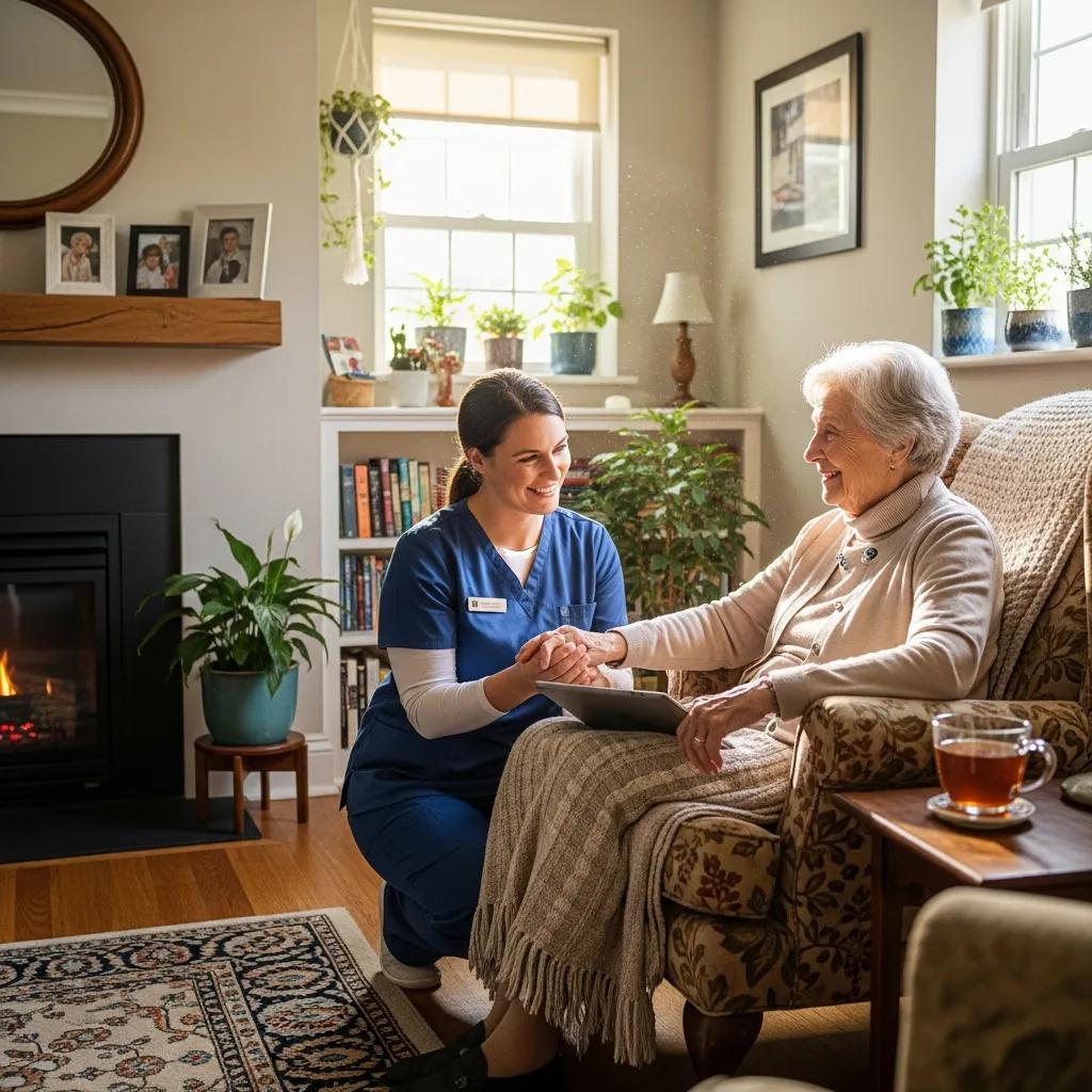 Caregiver assisting a senior woman in a cozy home environment, illustrating the benefits of personalized home care services in Irvine, CA.