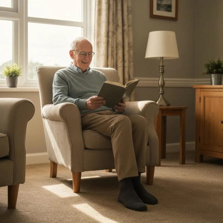 Elderly man reading a book in a cozy living room, highlighting the warmth and comfort of in-home care services.