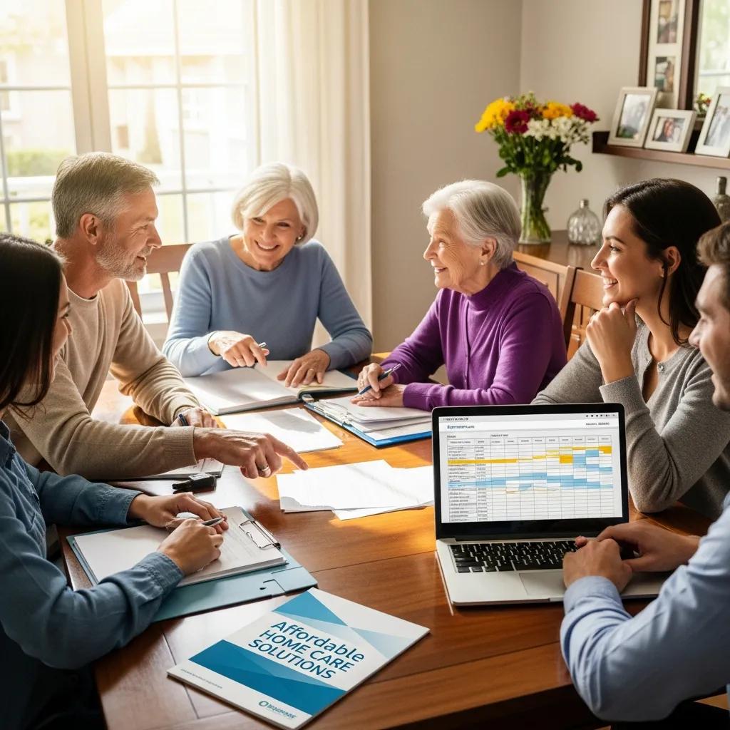 Family discussing home care options at a dining table, reviewing documents and a laptop displaying a care schedule, emphasizing affordable home care solutions.