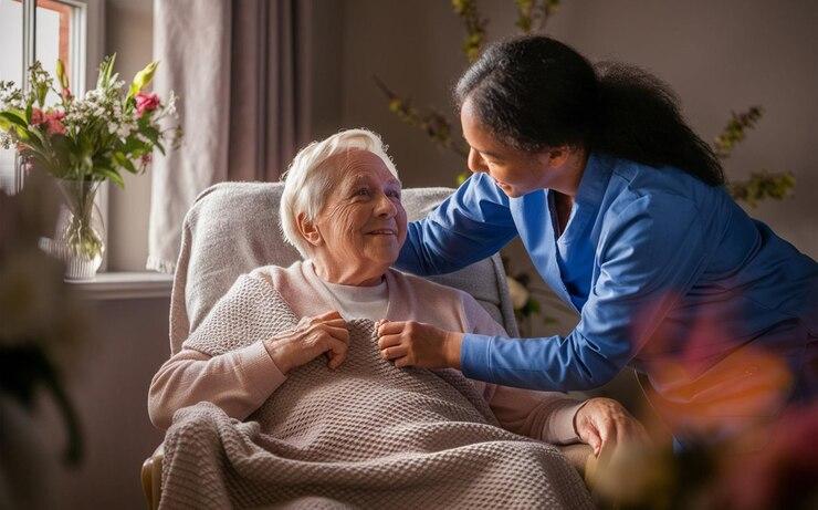 ### Key Elements

**Main Subjects**  
- Elderly Woman: Sitting comfortably, engaged with caregiver.  
- Caregiver: Leaning in, showing attentiveness and care.  

**Objects**  
- Blanket: Covering the elderly woman, adding warmth and comfort.  
- Flowers: In the background, indicating a nurturing environment.  

**Notable Features**  
- Soft Lighting: Creates a warm and inviting atmosphere.  
- Warm Color Palette: Conveys safety and comfort.  

**Text or Symbols**  
- No visible text or symbols are present.  

### Overall Mood or Theme  
The scene conveys a feeling of warmth, compassion, and care. The interaction between the caregiver and the elderly woman highlights a supportive relationship, emphasizing themes of tenderness, companionship, and emotional connection in a nurturing environment.