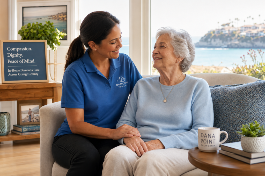 Assisting Hands caregiver providing personalized in-home dementia care and companionship for a senior in Orange County, California.