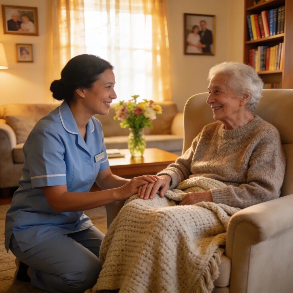 Caregiver assisting elderly person in a warm living room, highlighting the importance of in-home care