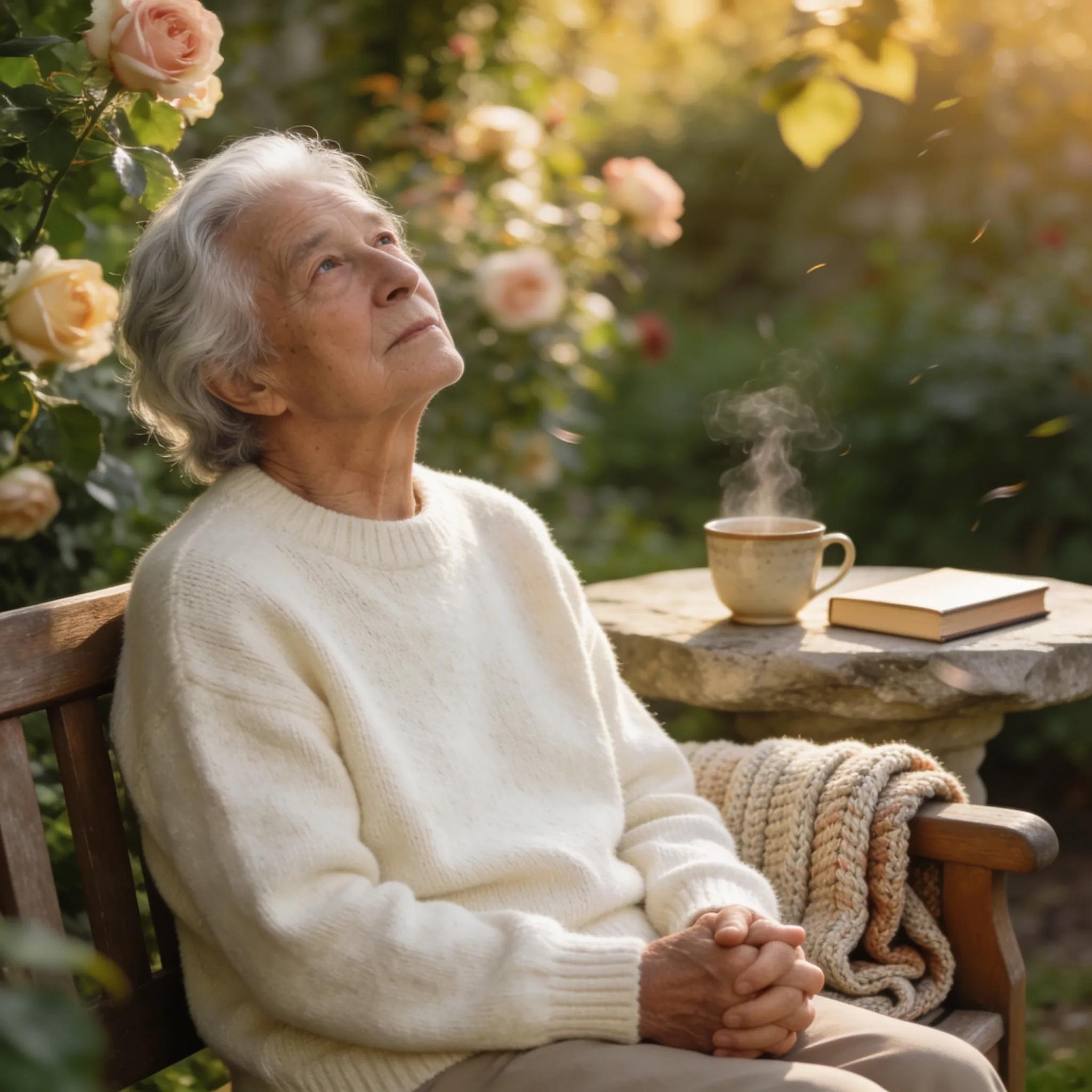 Elderly person reflecting in a garden, illustrating the emotional well-being aspects of in-home care