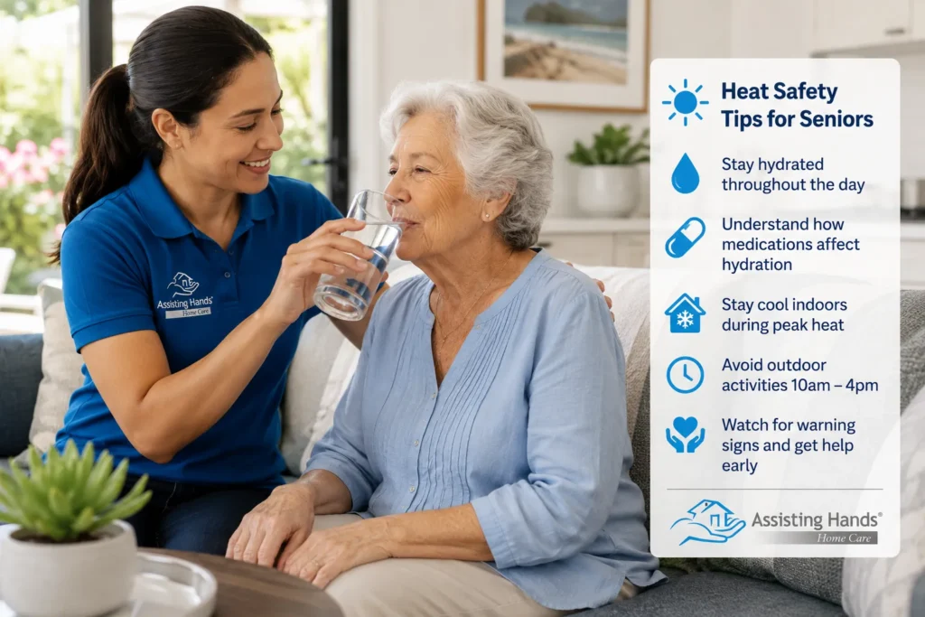 Caregiver helping senior drink water at home during Orange County summer heat