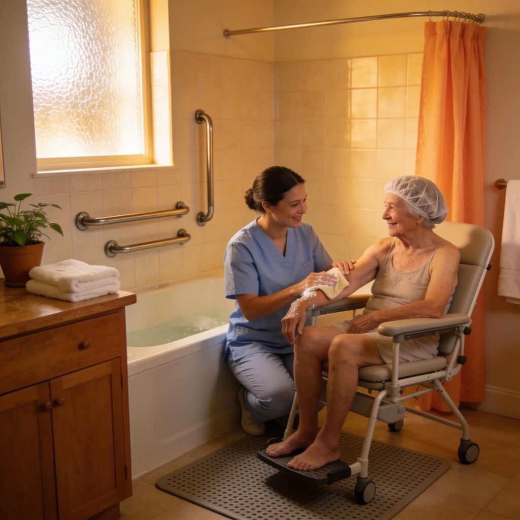 Caregiver helping senior with bathing, emphasizing compassionate in-home support and safety