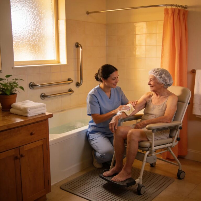 Caregiver assisting senior with bathing in accessible bathroom, promoting hygiene and comfort.