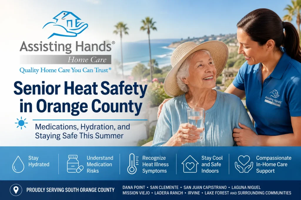 Senior caregiver helping an older adult stay hydrated during warm weather in South Orange County, highlighting heat safety and home care services in Dana Point, Irvine, and Lake Forest.
