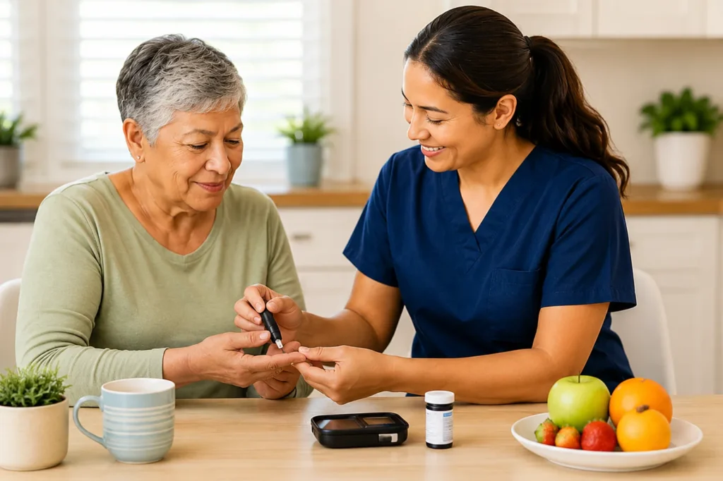 Caregiver assisting an elderly woman with diabetes monitoring in a home kitchen.