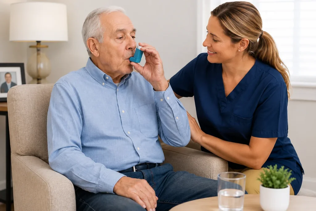 Elderly man using inhaler with caregiver's assistance, supporting COPD management and promoting well-being at home
