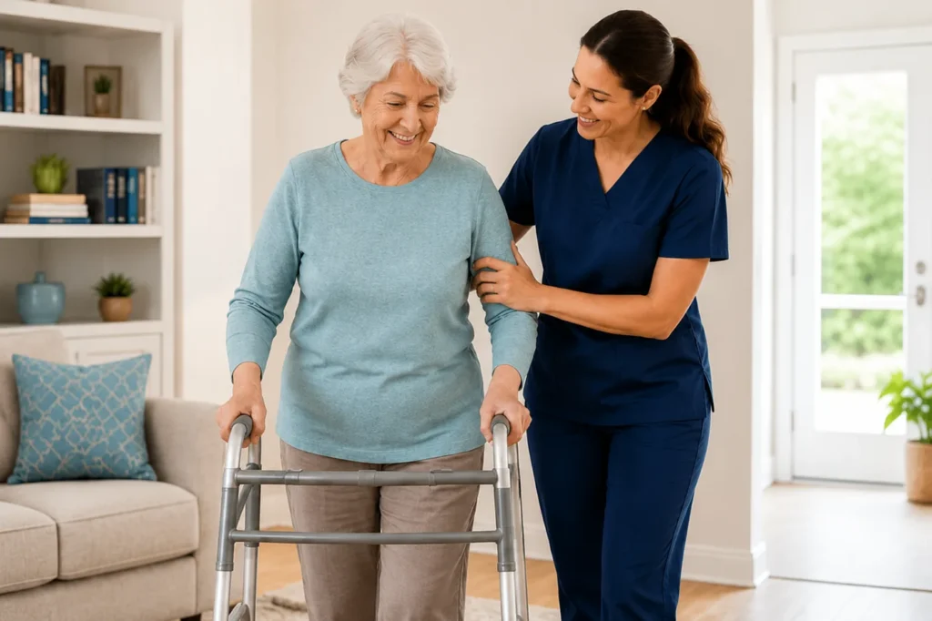 Caregiver assisting a senior woman with a walker in a comfortable home environment supporting mobility