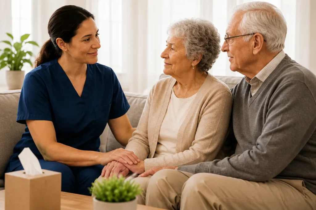 Caregiver offering emotional support to a senior couple at home in Dana Point during end-of-life care
