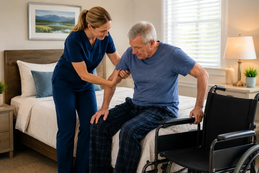 Caregiver assisting a senior man transferring from a wheelchair to a bed, supporting safe mobility