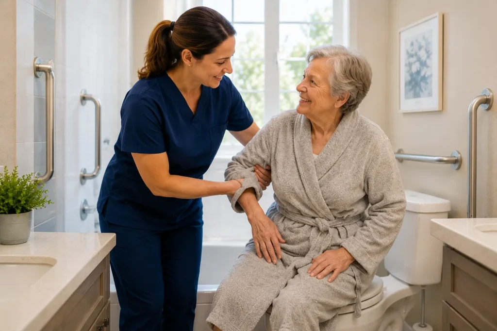 Caregiver assisting an elderly woman with mobility while seated on a toilet in a bathroom.
