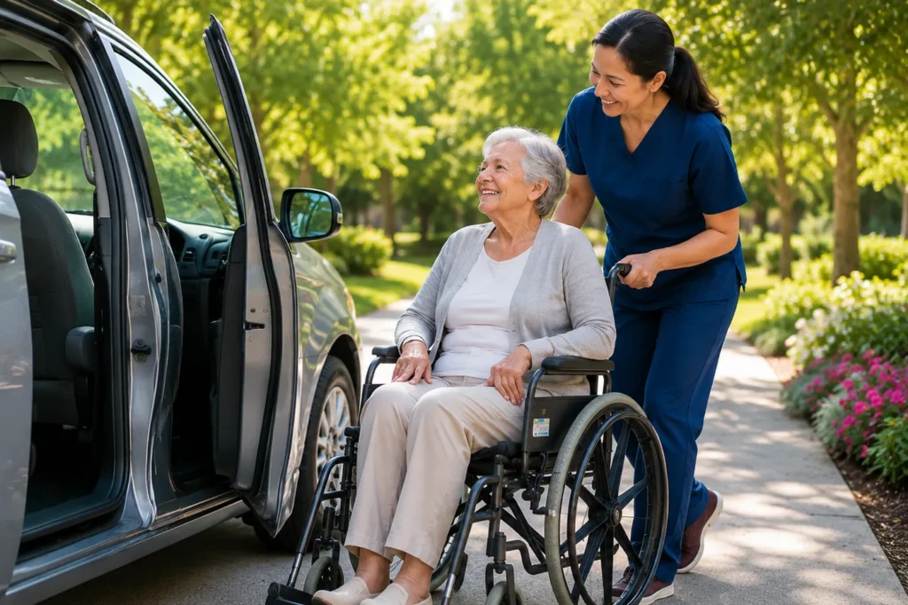 Caregiver assisting a senior woman into a vehicle with a wheelchair, supporting mobility and transportation.