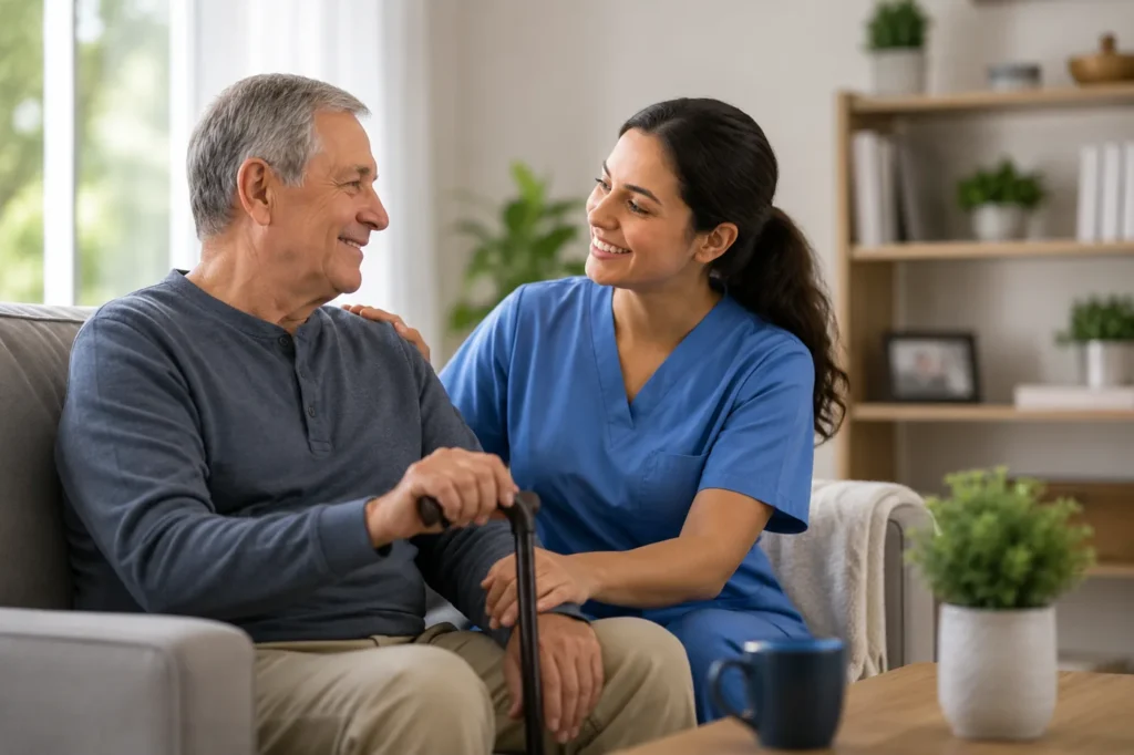 Caregiver providing in-home Parkinson's disease support to a senior man using a walking cane in South Orange County