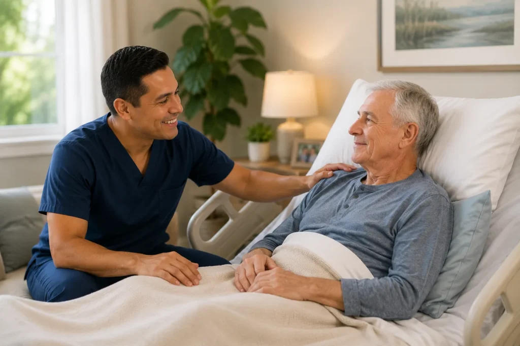 Home caregiver comforting a senior man receiving advanced neurological care in a hospital bed at home