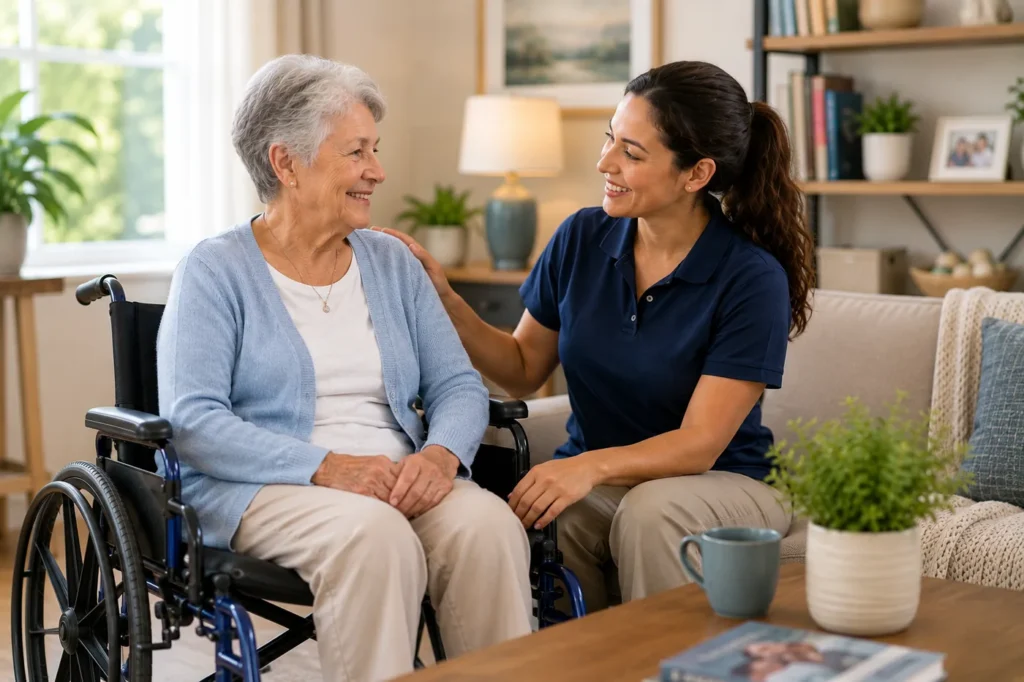 In-home caregiver assisting a senior woman who uses a wheelchair with paralysis care in Dana Point