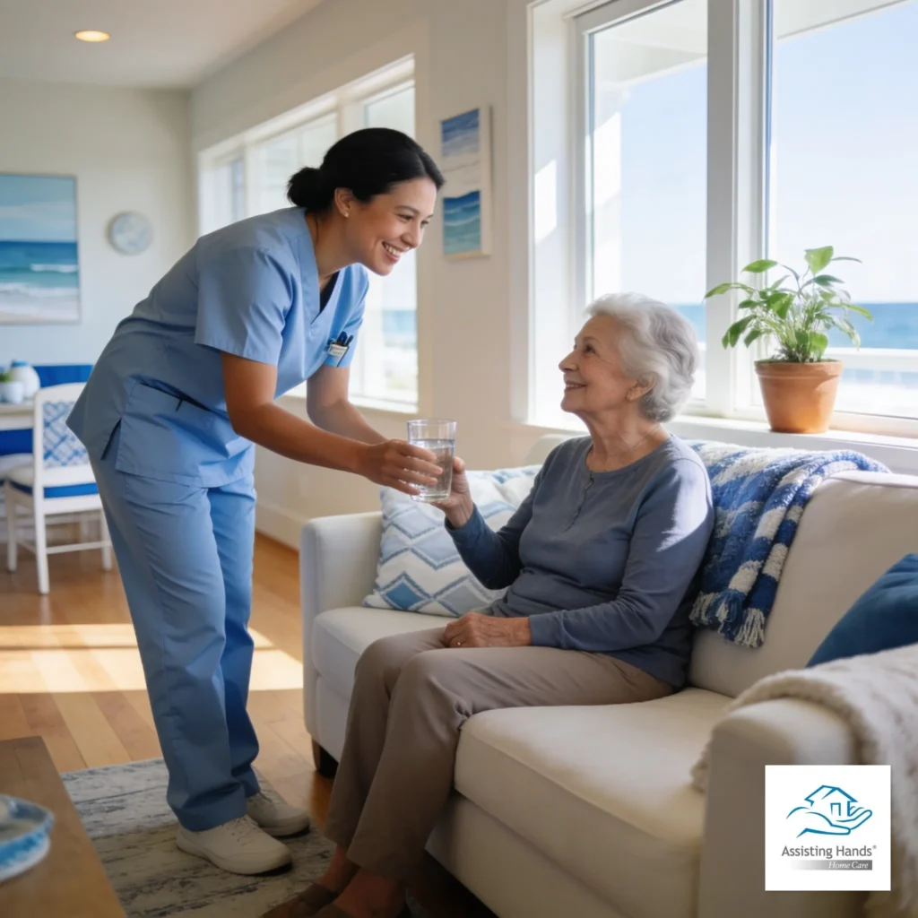Senior woman receiving hydration assistance from a caregiver at home in South Orange County during