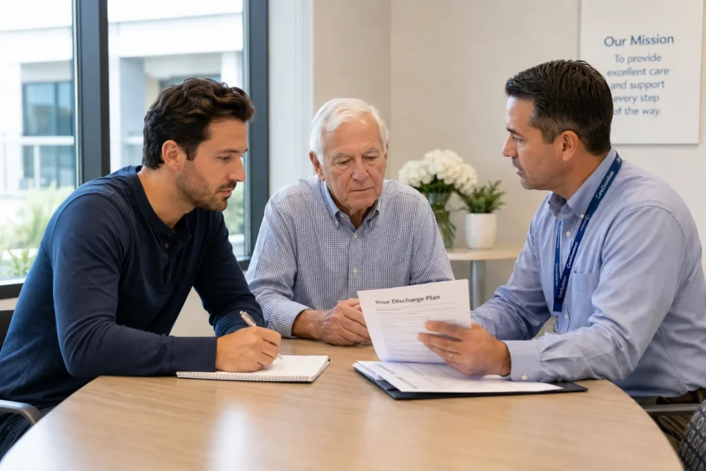 discharge planner reviewing paperwork with senior patient