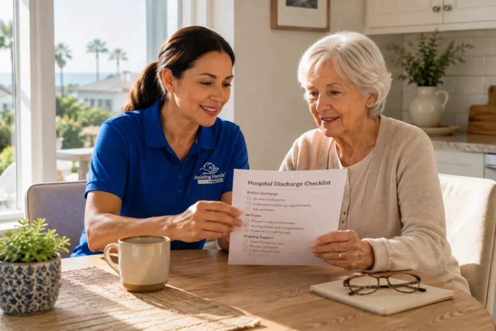 caregiver assisting senior during first 72 hours after hospital discharge